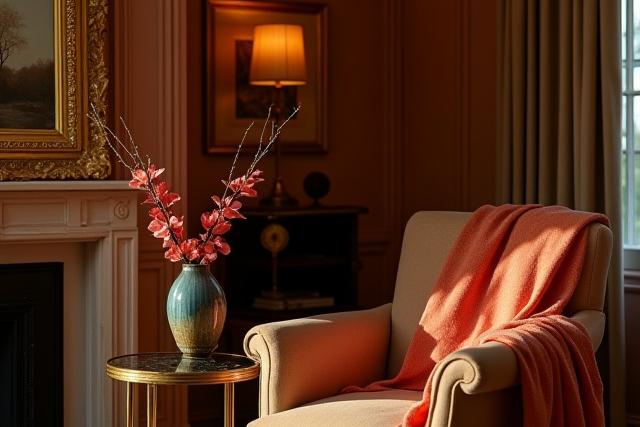 Luxurious home interior showcasing items from the `Heritage Routes` collection: ornate frame, sculptural vase, silk throw.