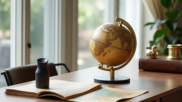 Modern sculpture blending with antique globes and maps